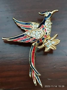 BIGIOTTERIA VINTAGE SPILLA UCCELLO PARADISO MET. DORATO STRASS SMALTO ROSSO NERO - Picture 1 of 3