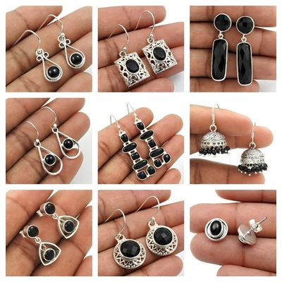 Naturale Onice Nera Gemma 925 Argento Sterling Trendy Orecchini Donna Gioielli - Immagine 1 di 4