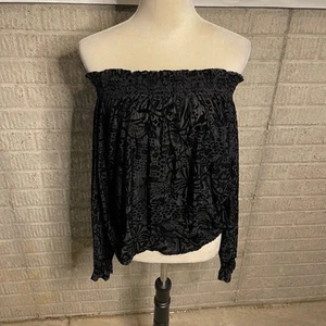 Top Free People A Little Twist Negro Terciopelo Floral Fuera del Hombro Talla Pequeña - Imagen 1 de 5