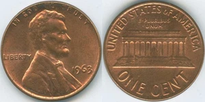 United States 1963 1 Cent Lincoln Memorial KM#201 Bronze - Picture 1 of 4