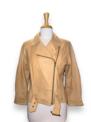 ISABELLA птица кожи Moto куртка ассиметричный молнии бежевый желтовато-коричневый размер S LNWOT - Изображение 1 из 4