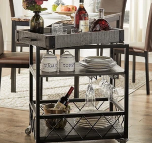 Moderner rustikaler Servierwagen rollbar Wein Küche Bar Tisch abnehmbare Tablettplatte NEU - Bild 1 von 3
