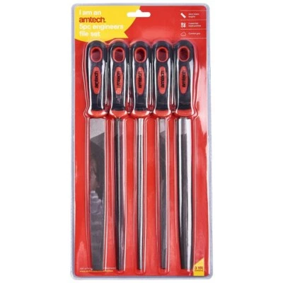 AMTECH 5pc 8" METAL ENGINEERS FILE SET FLAT ROUND SQUARE TRIANGLE FILES SOFT GRI - Image 1 of 3