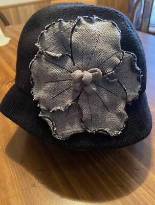 Fine Millinery Collection By August-Women's Black Cloche W/lge Blue Knit Flower - Image 1 of 4