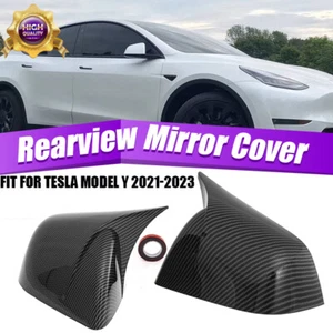 FOR 2020-23 TESLA MODEL Y M HORN STYLE CARBON FIBER LOOK SIDE MIRROR COVERS CAP - Picture 1 of 12