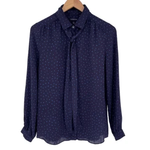 Lands' End Button Up Neck Tie Long Sleeve Blouse Polka Dot Women 6 Navy Blue - Picture 1 of 4