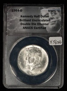 1964-D 50c Kennedy Silver Half Dollar BU Double Die Obv ANACS Certified - X5686 - Picture 1 of 4