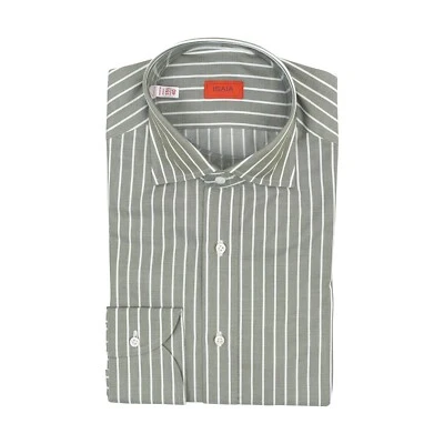 Isaia Napoli Rayas Luz Verde Oliva Cosido a Mano Camisa Algodón - Imagen 1 de 2