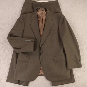VINTAGE Hopsack Suit L Brown Chalk Stripe Dacron Polyester Wool USA 44S 32x29 - Picture 1 of 20