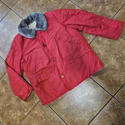 Abrigo de plumón Bauer vintage a prueba de ventiscas cuello de piel rojo acolchado grande/XL exterior  Foto 1 de 4