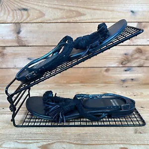 Stuart Weitzman Sandals Womens Size UK 4.5 Black Leather Tassel Toe Ring Sliders - Picture 1 of 11