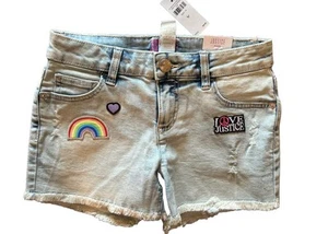 Justice Rainbow Patch Denim Shorts Jeans Soft Knit Denim Sz 14 XL NWT NEW - Picture 1 of 5