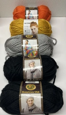 NEW Lot of 5 Lion Brand #6 Yarns HOMETOWN USA Black~Grey~Orange~Madison Mustard~ - Image 1 of 2