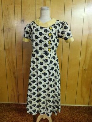 Vestido Vintage Años 40 Amarillo Negro Estampado Hecho a Mano Cintura 30" Foto 1 de 4