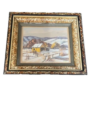 Акварель картина Фредерик Уильям Бок подпись в рамке зимний гараж сцена - Изображение 1 из 4