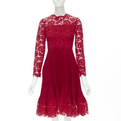 VALENTINO Rojo Floral Encaje Cuchillo Plisado Falda Vestido de Cóctel IT38 XS Foto 1 de 4