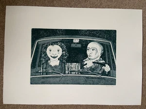 PAULA EMILIANI VINTAGE WHIMSICAL PRINT COUPLE LOVE DRIVING CAR ARTWORK ITALIAN - Picture 1 of 4
