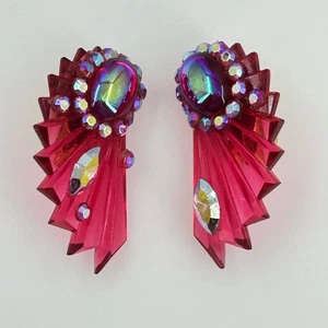 Vintage rote Kunststoff Strass Clip-On Ohrringe 2,25 Zoll einzigartiges Fan-Design - Bild 1 von 5