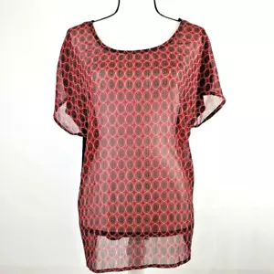 Mix & Co Women's Shirt Large Black Red Geometric Print Short Sleeve Sheer Front - Picture 1 of 11