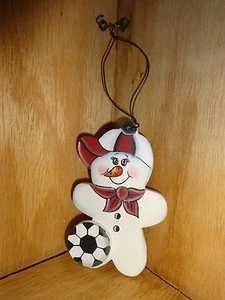Snowman Christmas Tree Ornament Soccor Player Wood Wooden Handpainted - Picture 1 of 2