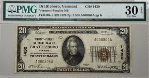 1929 $20 Vermont- Peoples NB of Brattleboro FR 1802-1 CH# 1430 PMG 30 EPQ - Picture 1 of 7