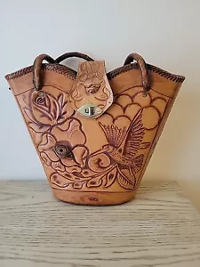 Gaitan Vintage Hand Tooled Leather Bag W/Wood Bottom 3D Western Hummingbird - Picture 1 of 16