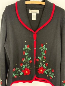 Tiara International Christmas Collection XL Black Cardigan With Red & Green Embr - Picture 1 of 5