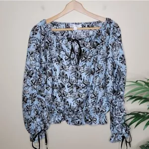 Robert Rodriguez | Blue Black Floral Silk Blouse Ruffled Split Sleeves Size XS - Picture 1 of 6