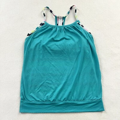 Camiseta sin mangas Ivivva Lululemon niña verde azulado a rayas doble holandesa con tiras espalda deportiva 14 Foto 1 de 4
