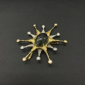 K18/Pt900 Yellow Gold Platinum Trapiche Emerald Diamond Brooch Pendant - Picture 1 of 11