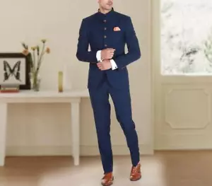 Traje de boda para hombre Jodhpuri azul padrino calce ajustado abrigo de bandgala pantalones - Imagen 1 de 6