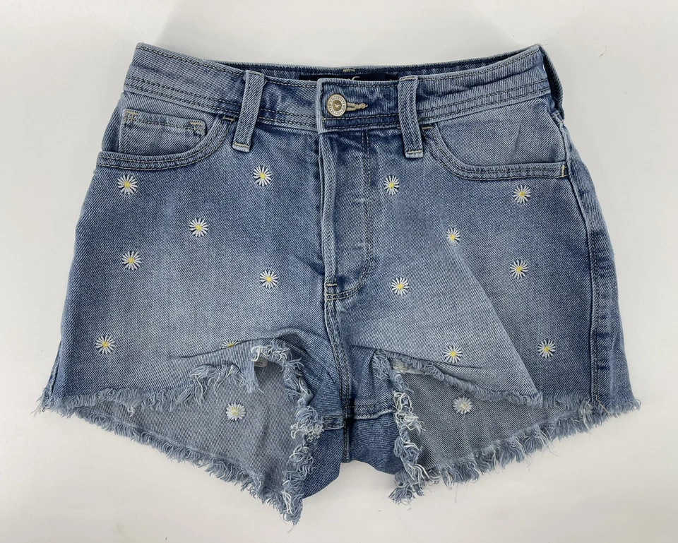 Pantalones Cortos Hollister High Rise Mamá Jean Elastizados Talla 0 W24 Azul Botón Mosca Flores Foto 1 de 4