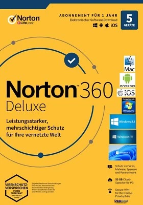 Norton 360 Deluxe 2025 Vollversion 5 Geräte 1 Jahr + 50 GB Speicher Download NEU - Bild 1 von 4