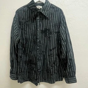 Eighty Eight Black White Pin Striped XXL Button Dress Shirt Velvet Detail Y2K - Picture 1 of 4