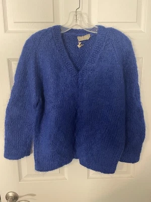 Suéter de Colección Años 60 Lana Mohair Tejido con Cable Cuello en V Famella Hecho en Italia 38 Azul Foto 1 de 4