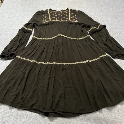 Vestido American Eagle Para Mujer Talla Pequeña Negro Gasa Flecos Bordado Boho Campesino Foto 1 de 4