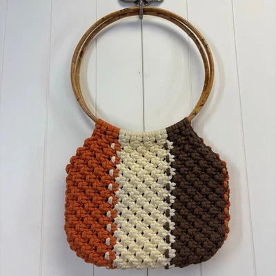Vintage Macrame Womens 70s Boho Hippie Bamboo Handle Purse Crochet Brown Orange - Image 1 of 4