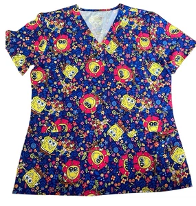 SpongeBob SquarePants Scrub Top Flowers Navy V-Neck Size M NWT - Picture 1 of 6