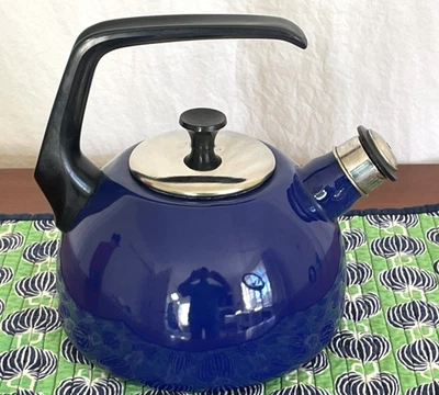 ONEIDA Tea Kettle Aegean Sea Blue Porcelain Steel Spain Loud Whistling Nice - Image 1 of 4