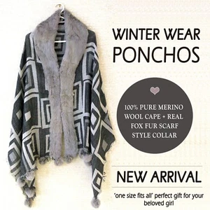 Grey Fur Scarf Collar Women Sweater Cape POM Tassel Poncho Winter Merino Wool - Picture 1 of 7