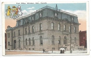 Windsor Ontario Post Office Patriotic & Heraldic Postcard Street View Unused - Imagen 1 de 2