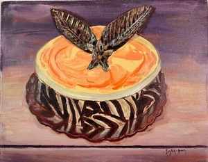 Original Painting Art Marble Cake with Chocolate Leaves Signed 11x14 3-D Texture - Picture 1 of 8