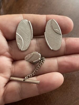 Vintage Cufflinks Tie Clasp Silver tone Oval Brushed By Swank - Image 1 of 3