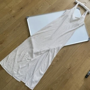 Size 12 14 Linen mix Beige Sleeveless Dress Asos Vest Split Tall neutral minimal - Picture 1 of 6
