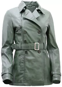Women's 3/4 Green Ladies Lamb Nappa Leather Trench Coat - Picture 1 of 10