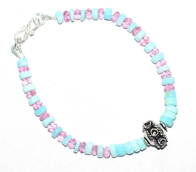 Topaz-Opal Gemstone 925 Fine Silver 4-5 mm Round Cut Beads 10" Strand Bracelet Y - Image 1 of 4