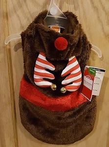 Holiday Time Simply Dog Brown/Red Fur Jacket w/Striped Elf Antlers Bells Hoodie - Picture 1 of 4