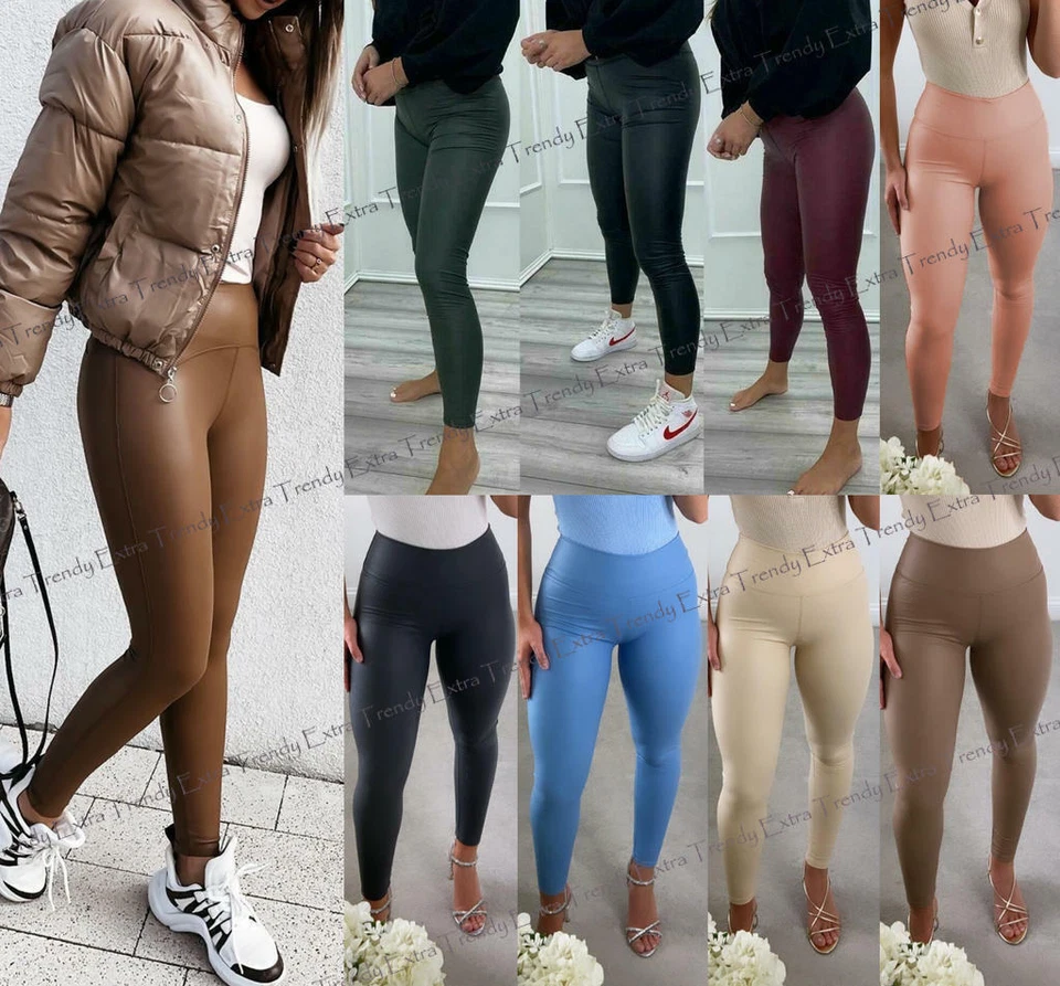 Women's High Waist PU Faux Leather Lined Sports Leggings Ladies Jogging Bottoms - Image 1 of 1