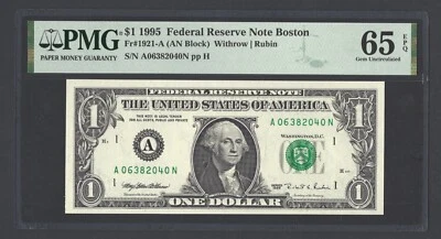 United States-Federal Reserve 1 Dollar 1995 Fr#1921-A (AN Block) UNC Grade 65 - Image 1 of 2