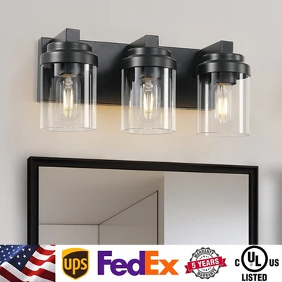 3 Lights 16" LED Vanity Light Clear Glass Shade Bathroom Mirror Wall Lamp Black - Image 1 of 4